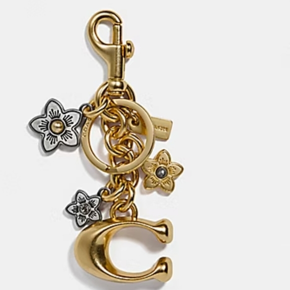 Coach Goldtone C Logo Tea Rose Flower Purse Bag Charm Keychain Rhinestone *flaw* - Picture 2 of 16